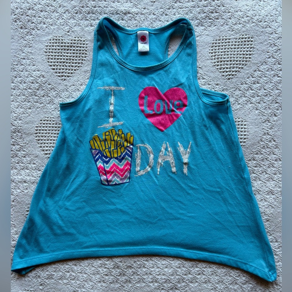 Total Girl Blue Tank Top with Heart and Fries Graphic